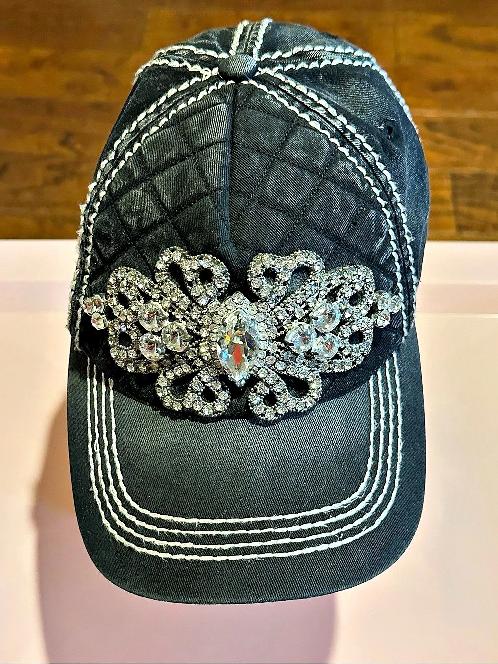 Olive & Pique Quilted Washed AB Crystal Flower Baseball Hat Rhinestone